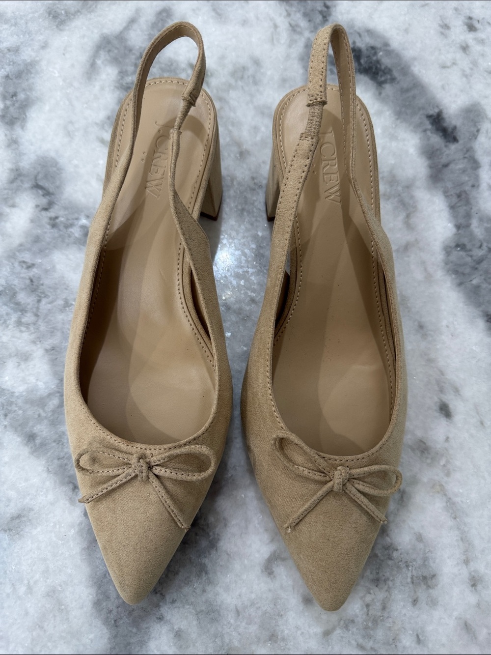 J. Crew Tan Suede Pointed Toe Slingback Mules with Bow